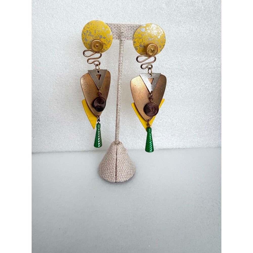 Vintage 1980s Memphis Style Geometric Mixed Metal Dangle Earrings 5 Inch Stateme - Picture 2 of 10